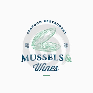 Mussels and Wines Seafood Restaurant Abstract Vector Sign, Symbol or Logo Template. Hand Drawn Opened Mussel Mollusc