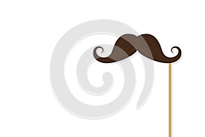 Mustach on stick. Paper moustache for carnival. Flat cartoon mustache for party. Fake mustach with stick for fathers day isolated