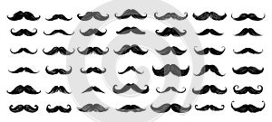 Mustache black ink sketch hipster vector set. Different facial hair men gentlemen barbers, retro vintage curls shapes