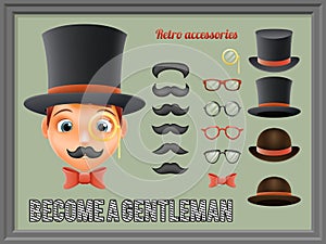 Mustache Bow Glasses Top Hat Gentleman Victorian Business Cartoon Icons Set English 3d Background Retro Vintage