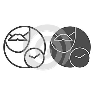 Mustache and clock line and glyph icon. Face with mustache vector illustration isolated on white. Shaving time outline