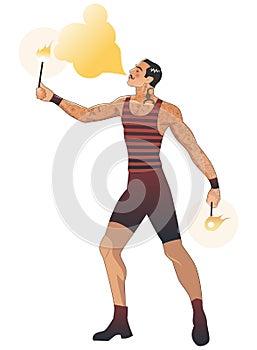 Mustache fire eater in vintage style, spitting fire and wearing old clothes, isolated on white background