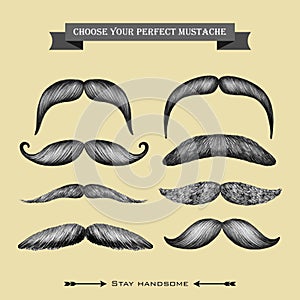 Mustache hand drawn collection on the beige backgr