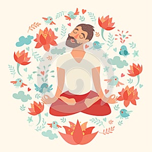 Mustached bearded man in the lotus position