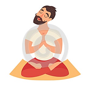 Mustached bearded man in the lotus position on the mat for yoga