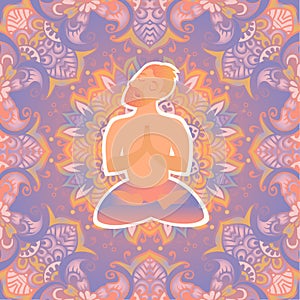 Mustached bearded man in the lotus position on the mat for yoga. Vector pastel color illustration on the mandala background