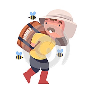 Mustached Beekeeper Carrying Wooden Barrel with Honey Engaged in Apiculture Vector Illustration