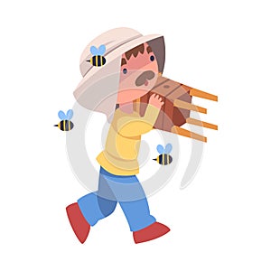 Mustached Beekeeper Carrying Wooden Beehive Keeping Honey Bee Engaged in Apiculture Vector Illustration