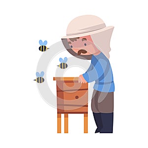 Mustached Beekeeper Near Wooden Beehive Keeping Honey Bee Engaged in Apiculture Vector Illustration