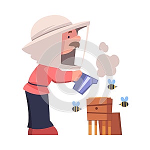 Mustached Beekeeper with Smoker Keeping Honey Bee Engaged in Apiculture Vector Illustration