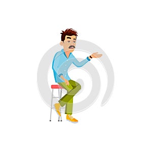 mustached bored man answering on dull subject cartoon vector