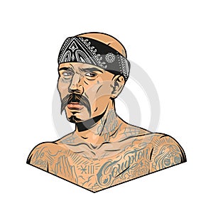 Mustached latino gangster with chicano tattoos photo