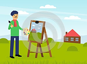 Mustached Man Artist in Beret Painting Outdoor Landscape with Drawing Easel Vector Illustration