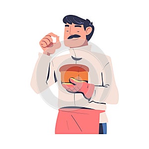 Mustached Man Baker in Apron Holding Fresh Baked Loaf with Potholder Vector Illustration