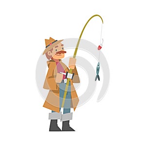 Mustached Man Character in Fisherman Boots with Angling Rod Fishing Vector Illustration