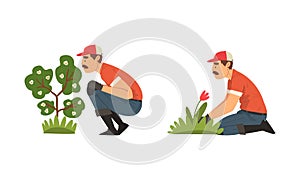 Mustached Man Gardener in Cap and Gloves Working in the Yard Vector Set