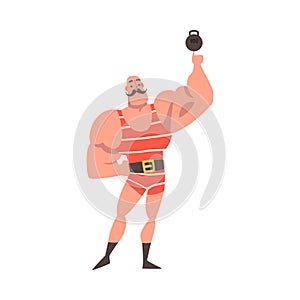 Mustached Strongman Lifting Kettlebell with Finger as Circus Artist Character Performing on Stage or Arena Vector
