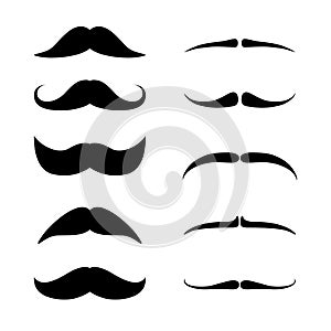 Mustaches set. Black silhouette of adult man moustaches. Vector illustration isolated on white