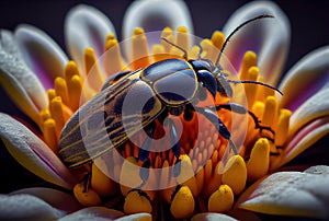 Mustachioed beetle feasts on pollen on flower