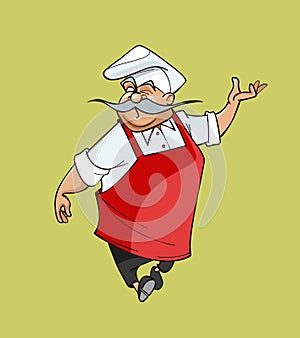 Mustachioed cartoon chef gesturing steps