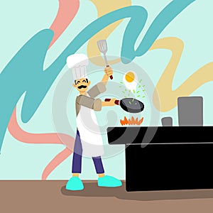 The mustachioed chef is showing how to cook, concept illustration image