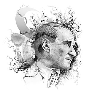 Mustafa Kemal Ataturk collage illustration, President of Turkey,Leader,Drawing
