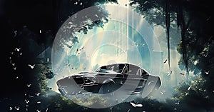 Mustang Shelby Driving Through a Bird-Filled Forest Created With Generative AI Technology