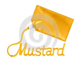 Mustard flows out in the form of a lettering from yellow package
