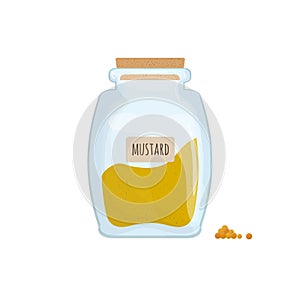Mustard powder stored in clear jar isolated on white background. Pungent condiment, food spice, cooking ingredient in photo
