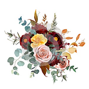 Mustard yellow and dusty pink rose, burgundy red dahlia, emerald green and teal blue eucalyptus