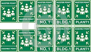 Muster and assembly point label for fire evacuation, vector