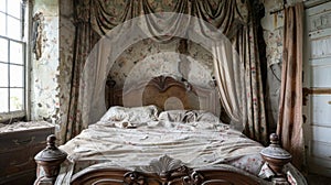 A musty neglected bedroom houses a fourposter bed dd in tattered curtains that billow without a breeze. photo