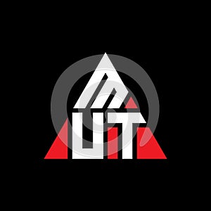 MUT triangle letter logo design with triangle shape. MUT triangle logo design monogram. MUT triangle vector logo template with red