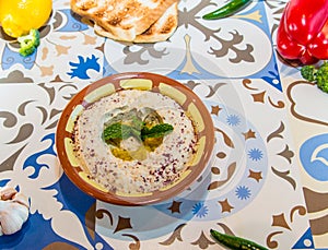 Mutabal or Mutabel with olive oil served in dish isolated on table top view of arabic food