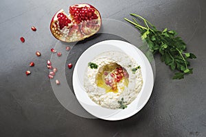 Mutabbal, Lebanese food of cooked eggplant with pomegranate