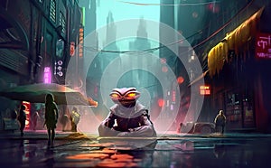 Mutant cyberpunk frog in the cyberpunk neon city.