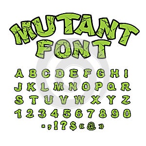 Mutant font. Green rough comic alphabet in style. Abstract ABC. photo