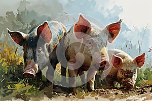 Mutant Pigs in the Wild: A Colorful Portrait of Three Standing i