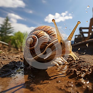 Mutant snail in shape of train with many horns slowly crawling in dirt