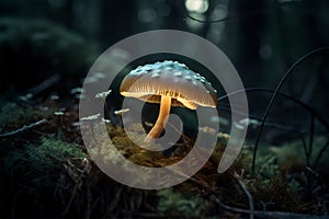 Mutated glowing contaminated mushroom in forest. Generative AI