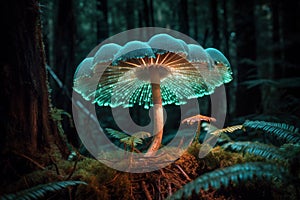 Mutated glowing contaminated mushroom in forest. Generative AI