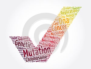 Mutation check mark word cloud collage, medical concept background