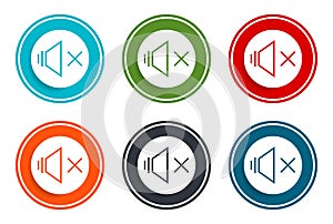 Mute speaker icon flat vector illustration design round buttons collection 6 concept colorful frame simple circle set