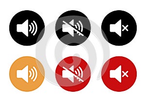 Mute speaker icon set collection on circle background. Sound off, silent symbol vector