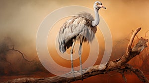 Muted Colors: A Realistic Photograph Of An Ostrich Perched On A Branch