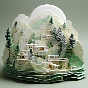 Muted Colorscape Mastery: 3d Paper Craft Town Sculpture