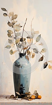 Muted Earthy Tones Blue Vase With Branches In Coby Whitmore Style