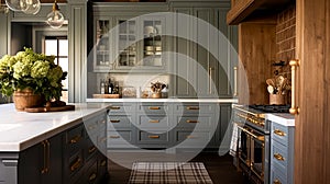 Muted grey modern cottage kitchen decor, interior design and country house, in frame kitchen cabinetry, sink, stove and photo