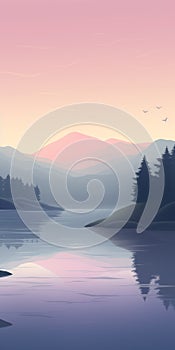 Muted Pastel Lake Illustration With Trees, Birds, And Sunset