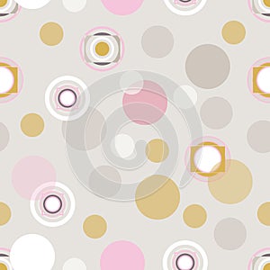 Muted pastel transparent overlapping circles. Seamless vector repeat. Pink,mustard, grey, beige. Bubbly all over print.